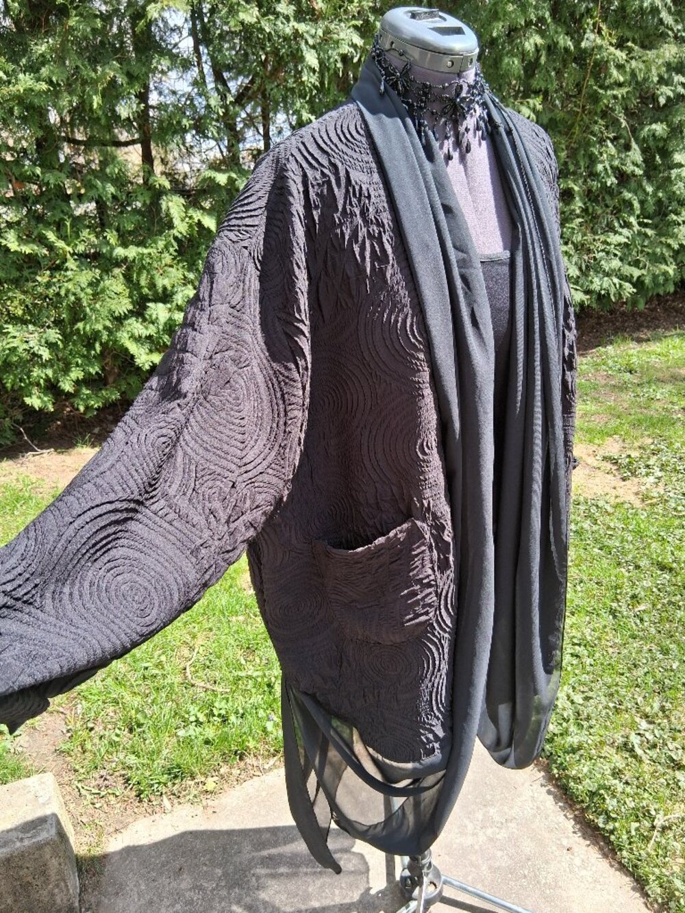 Black Textured Open-front Jacket chiffon trim with draped design Gorgeous XL + - Picture 3 of 14